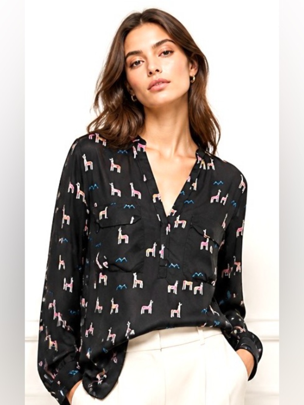 MAEVE Anthropologie Blouse Llama Top Button Down Black V Neckline